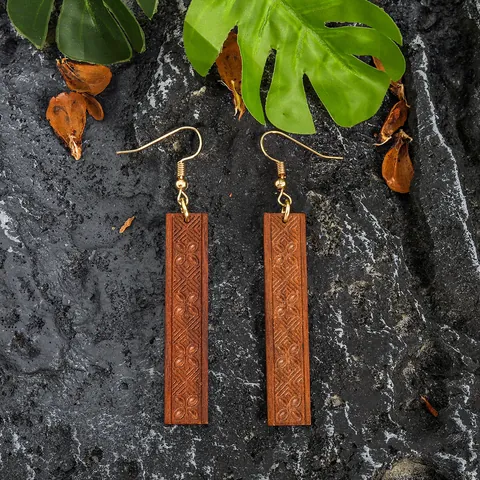 Vintage Ethnic Wood Carved Drop Earrings For Women Gold Hook Geometric Floral Pattern Rectangle Wooden Dangle Earrings Jewelry
