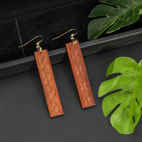 Vintage Ethnic Wood Carved Drop Earrings For Women Gold Hook Geometric Floral Pattern Rectangle Wooden Dangle Earrings Jewelry