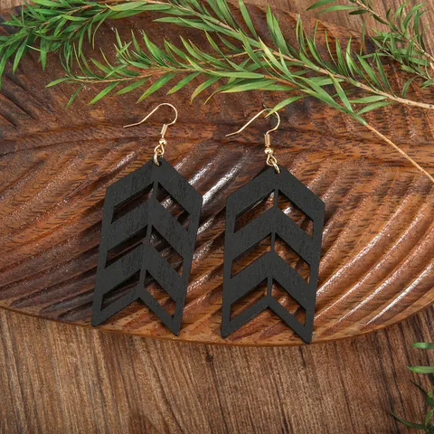 Vintage Hollow Out Wood Drop Earrings Geometric Chevron V-Shape Layered Wooden Dangle Earrings For Women Bohemian Jewelry Gift