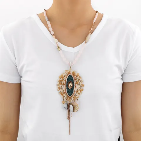 Collier Sautoir Bohème Vintage pour Femme en Alliage avec Cristal et Perles Collier Long avec Glands et Design Ajouré Sculpté