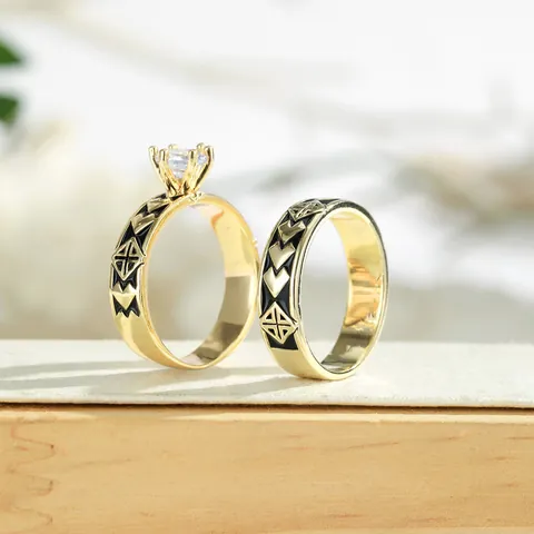 Set di Anelli Vintage Hawaiani in Rame Placcato Oro Con Smalto e Zirconia per Donna Anelli Etnici Impilabili con Motivo Geometrico