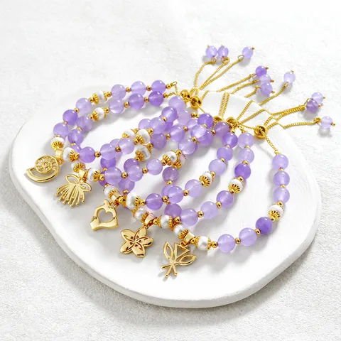 Bracelet en Améthyste et Perles d'Eau Douce Plaqué Or Alliage Pendentif Chaîne Réglable Bijoux Femme