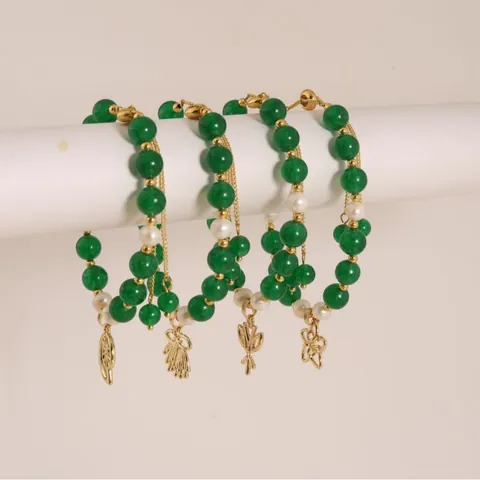 New Chinese Vintage Green Jade Natural Artificial Pearl Beaded Bracelet Gold Plated Leaf Shell Butterfly Pendant Adjustable Bracelet For Women
