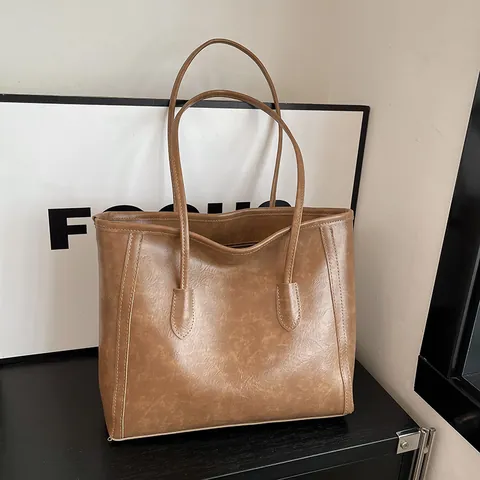Bolso Tote Retro de Gran Capacidad para Mujer de Cuero PU Minimalista Bolso de Hombro Color Sólido Moda