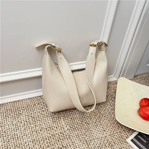 Bolso de Hombro de Cuero de PU Grano de Lichi para Mujer Minimalista Hobo Bolso Soberano Con Correa Ajustable Color Sólido
