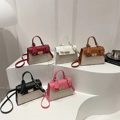 Women Pebbled PU Leather Tote Bag French Style Crossbody Handbag With Metal Lock Solid Color Canvas Patchwork Small Square Bag