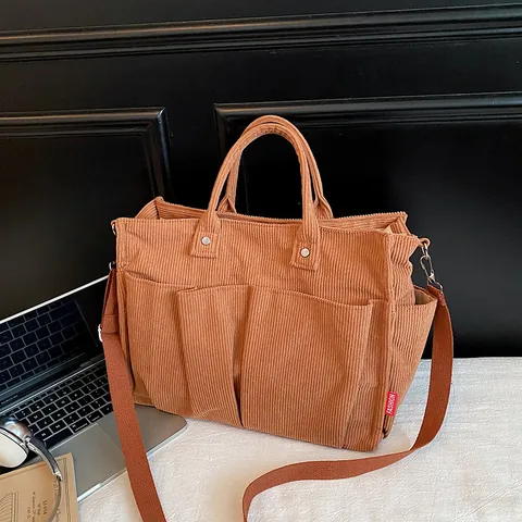 Sac Cabas en Velours Côtelé pour Femmes Grande Capacité Multi Poches Sac Bandoulière Vintage Décontracté Sac à Main Travail École