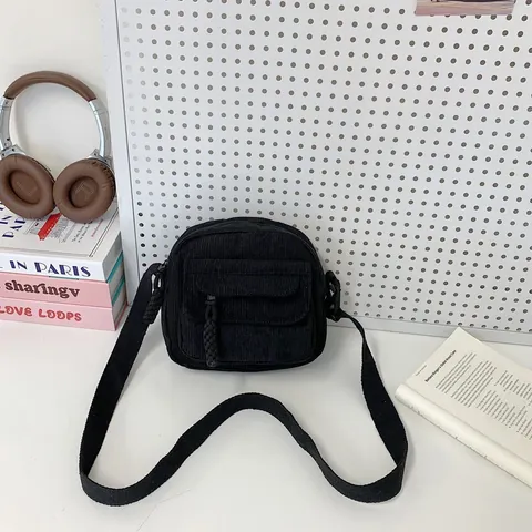 Women Vintage Corduroy Crossbody Bag Small Square Shoulder Bag With Front Flap Pocket Adjustable Strap Casual Commute Purse
