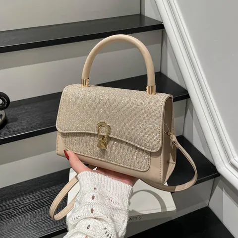 Damen Kleine Quadratische Tasche PU-Leder Pailletten Glitzerklappe Handtasche Mit Goldener Gebissschnalle Tragegriff Verstellbarem Riemen Umhängetasche