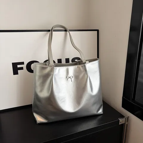 Women's Fashion PU Leather Tote Bag Large Capacity Commuting Shoulder Bag With Bow Decoration Solid Color Modern Handbag