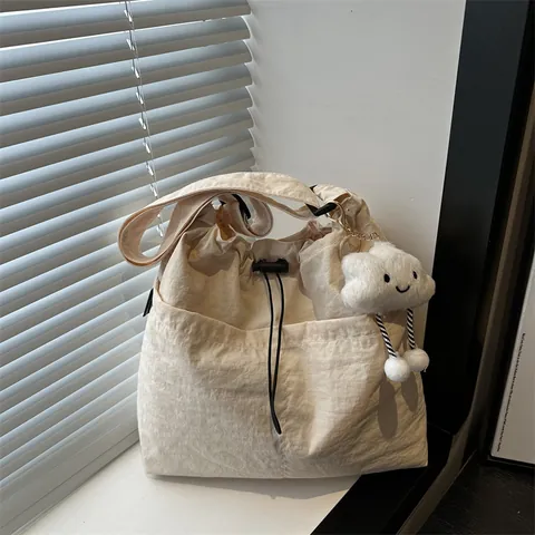 Women Large Capacity Nylon Tote Bag Urban Casual Shoulder Bag With Cloud Plush Pendant Drawstring Crossbody Bag For School Commute