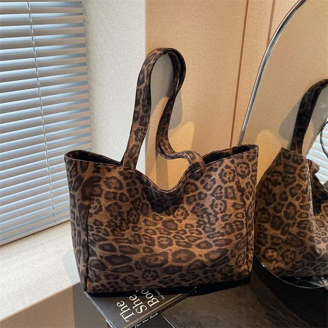 Borsa Tote in Velluto a Coste Leopardata Grande Capacità Vintage Donna Borsa a Spalla Caffè Moda Pendolare Sottobraccio