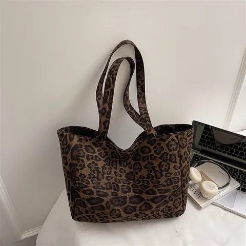 Borsa Tote in Velluto a Coste Leopardata Grande Capacità Vintage Donna Borsa a Spalla Caffè Moda Pendolare Sottobraccio