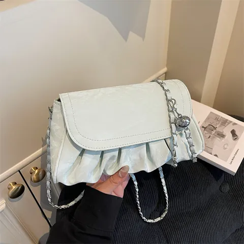 Women Fashion Ruched Cloud Crossbody Bag Synthetic Leather Pleated Shoulder Bag With Metal Ball Chain Strap Clutch Purse