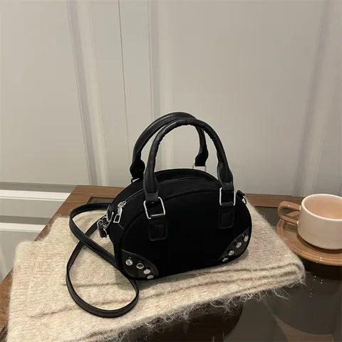 Vintage Suede Handbag With Silver Rivet Decor Women Fashion Crossbody Shoulder Bag Small Shell Bag For Daily Commuting