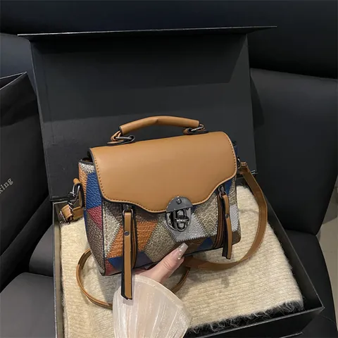 Bolso Bandolera Retro de Patchwork Para Mujer Cuero PU Color de Contraste Geométrico Bolso de Mano Con Asa Superior
