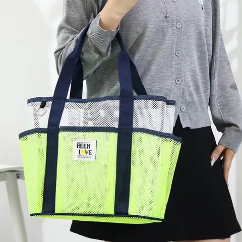 Large Capacity Mesh Beach Bag Multi Pocket Travel Tote Portable Swimming Storage Handbag Breathable Foldable For Women