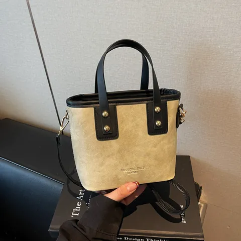 Women Vintage Denim PU Leather Splicing Bucket Shoulder Bag Rivets Contrast Color Handheld Crossbody Bag For Daily Commute