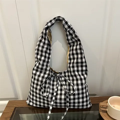 Sac Cabas Gingham à Carreaux pour Femmes Sac à Épaule Minimaliste Avec Nœud en Tissu Souple pour Usage Quotidien