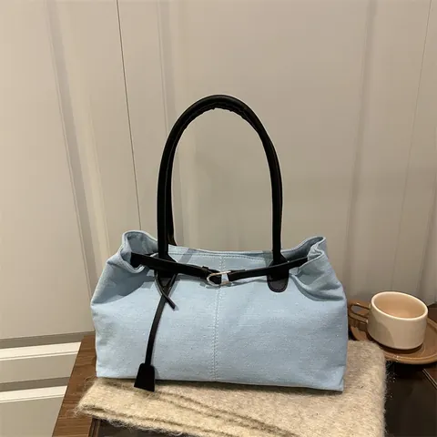 Borsa Tote in Denim da Donna Grande Capacità Stile Coreano Retro Borsa a Spalla Chiusura Magnetica Cuciture a Contrasto Casual