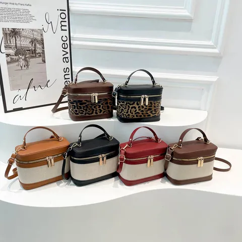 Women Vanity Box Bag PU Leather Canvas Leopard Print Color Block Top Handle Crossbody Shoulder Handbag Retro