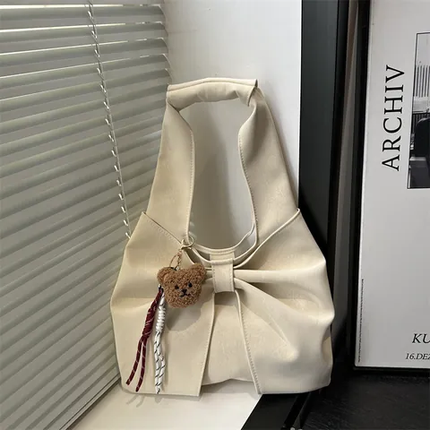 Spacious Bow Design Tote Bag Women Commuting Shoulder Bag Sweet Retro Suede Texture Handbag Casual Versatile Daily Purse