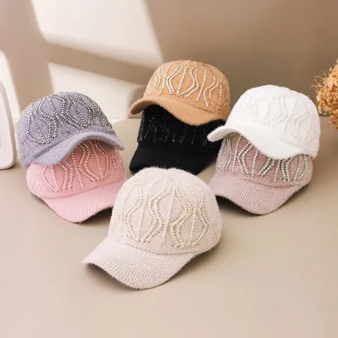 Women Knit Rhinestone Baseball Cap Autumn Winter Warm Peaked Hat Wave Sequin Pattern Adjustable Outdoor Casual Chic Headwear