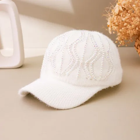 Women Knit Rhinestone Baseball Cap Autumn Winter Warm Peaked Hat Wave Sequin Pattern Adjustable Outdoor Casual Chic Headwear