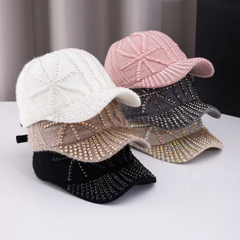 Women's Autumn Winter Warm Knit Acrylic Baseball Cap With Glittering Rhinestone Geometric Radiant Pattern Fashion Adjustable Peak Hat