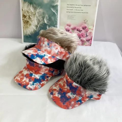 Unisex Novelty Visor Hat With Spiky Faux Hair Tie Dye Camo Print Breathable Adjustable Hip Hop Street Style Sun Visor Cap