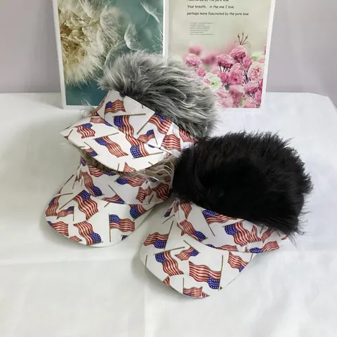 Novelty Wig Visor Hat USA Flag Stars And Stripes Print Funny Baseball Cap With Spiky Faux Hair For Party Independence Day