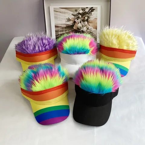 Creative Wig Visor Hat With Spiky Fake Hair Funny Rainbow Baseball Cap For Party Golf Men Women Hip Hop Adjustable Hat