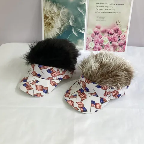 Novelty Wig Visor Hat USA Flag Stars And Stripes Print Funny Baseball Cap With Spiky Faux Hair For Party Independence Day