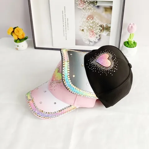 Gorra de Béisbol para Mujer Moda Corazón de Strass Color Degradado Lentejuelas Sombrero de Sol Ajustable para Exterior