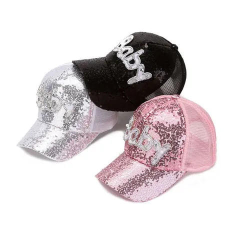 Sequin Mesh Baseball Cap Artificial Pearl Rhinestone Baby Letter Sparkly Adjustable Trucker Hat Sunshade Fashion Summer Headwear