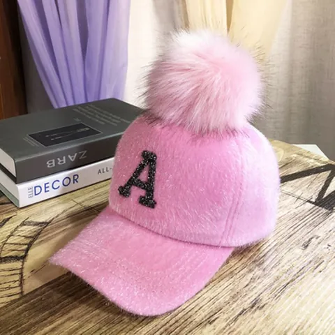 Berretto da Baseball in Mohair Invernale con Pompon Lettera A in Strass per Donna Ragazza Caldo Cappello Snapback in Pelliccia Sintetica
