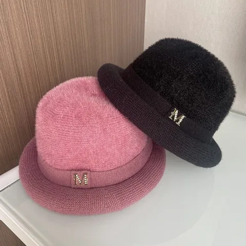 Women Winter Warm Faux Rabbit Fur Knitted Bucket Hat Elegant Metal M Letter Rhinestone Cloche Hat Solid Color Plush Hat