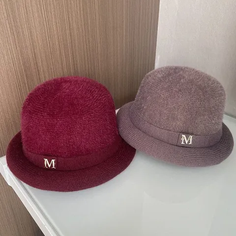 Women Winter Warm Faux Rabbit Fur Knitted Bucket Hat Elegant Metal M Letter Rhinestone Cloche Hat Solid Color Plush Hat