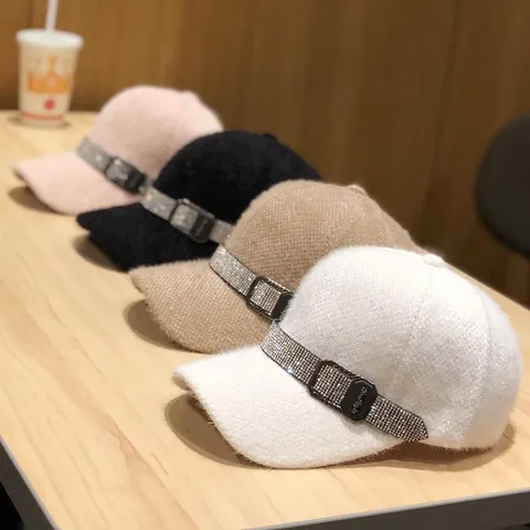 Women Fashion Winter Warm Chenille Plush Baseball Cap With Rhinestone Decoration Metal Buckle Adjustable Outdoor Sun Hat