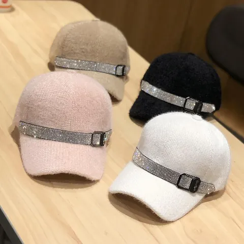 Women Fashion Winter Warm Chenille Plush Baseball Cap With Rhinestone Decoration Metal Buckle Adjustable Outdoor Sun Hat