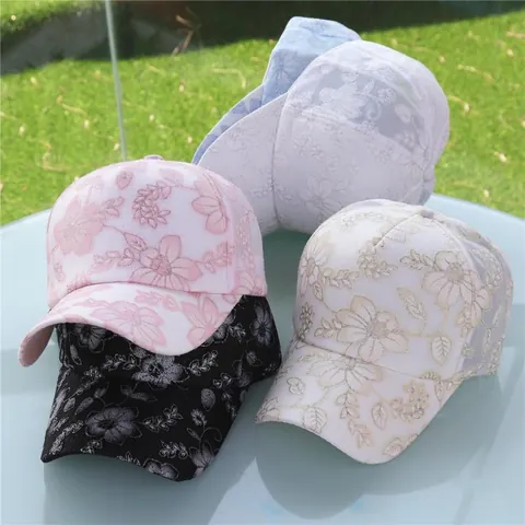 Damen Blumen Spitze Baseballkappe Atmungsaktiv Netz Sonnenhut Sommer Outdoor Verstellbar Stickerei Mode Sonnenschutz Trucker Hut Für Frauen