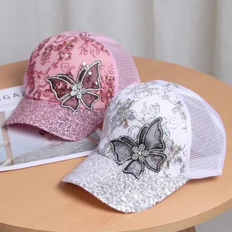 Women Rhinestone Butterfly Baseball Cap Sequined Mesh Trucker Hat Breathable Sunshade Fashion Casual Outdoor Party Accessory