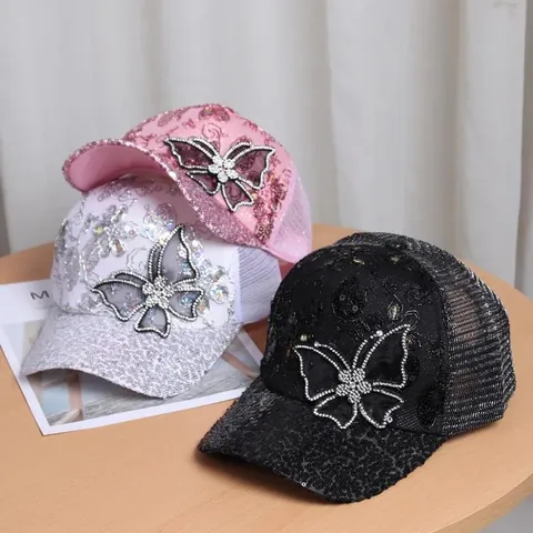 Women Rhinestone Butterfly Baseball Cap Sequined Mesh Trucker Hat Breathable Sunshade Fashion Casual Outdoor Party Accessory