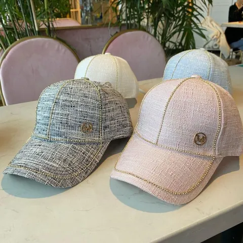 Women's Luxury Tweed Baseball Cap Metal Chain Decor Round M Letter Label Adjustable Fashion Sunshade Outdoor Peaked Hat