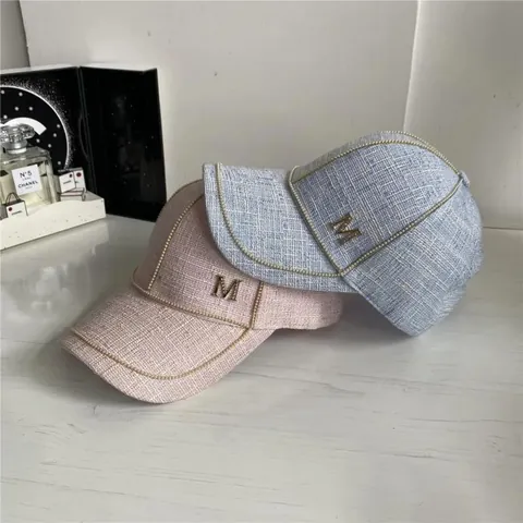 Women Luxury Tweed Baseball Cap With Metal Letter M Rhinestone Chain Decor Cotton Linen Adjustable Retro Sun Hat