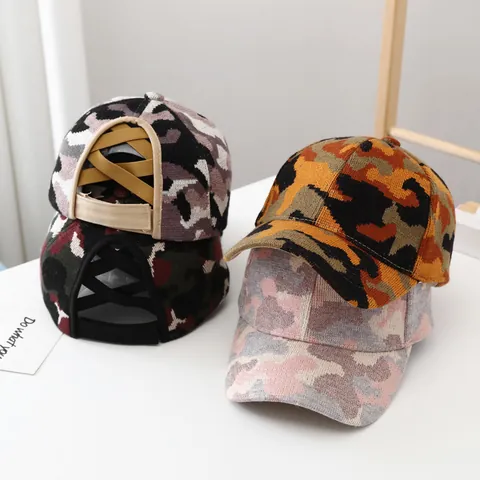 Women's Winter Camouflage Knitted Baseball Cap With Criss-Cross Ponytail Hole Warm Windproof Adjustable Outdoor Sport Sun Hat