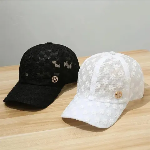 Women Floral Lace Baseball Cap With Rhinestone Letter Metal Logo Elegant Breathable Sun Hat For Travel Daily Casual Wear