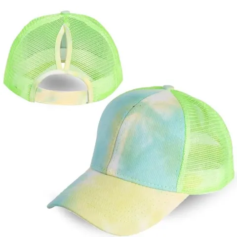 Women Tie Dye Ponytail Trucker Hat Breathable Mesh Baseball Cap Sun Protection Adjustable Outdoor Sport Cap Summer Fashion Headwear