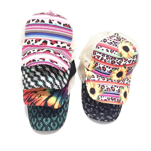 Dames Paardenstaart Mesh Honkbalpet Tie-Dye Luipaardprint Zonbescherming Trucker Pet Met Ademend Gaas Voor Buitensport