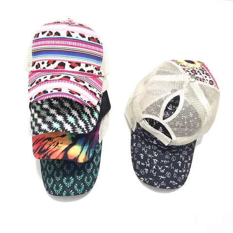Dames Paardenstaart Mesh Honkbalpet Tie-Dye Luipaardprint Zonbescherming Trucker Pet Met Ademend Gaas Voor Buitensport